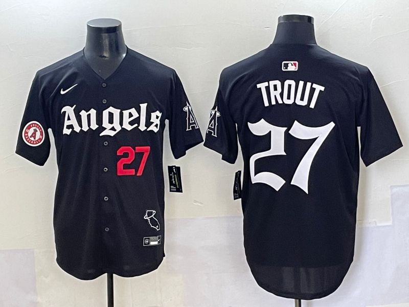 Men 2025 Los Angeles Angels #27 Trout Black Five generations Joint Name Nike MLB Jersey style 7->los angeles angels->MLB Jersey